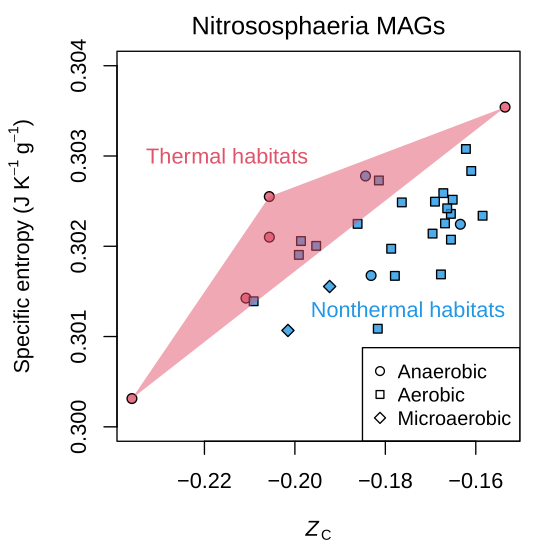 Specific entropy and Zc and pI for Nitrososphaeria MAGs